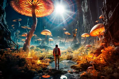 Explorer Walking Through A Bioluminescent Alien Mushroom Forest