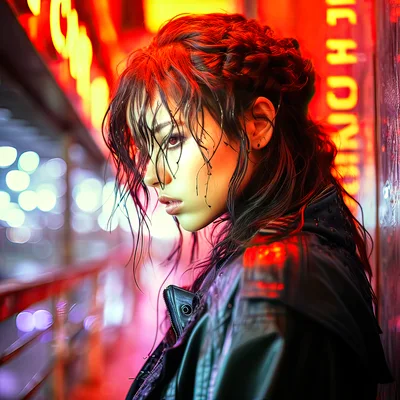 Portrait Of A Young Woman In Cyberpunk City Setting