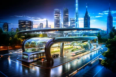Futuristic Public Transit Station In Modern Cityscape