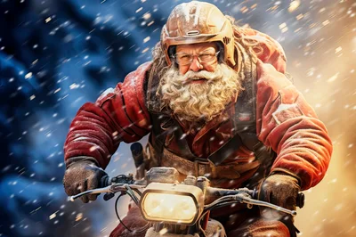 Santa Claus Riding A Motorcycle Through A Snowstorm
