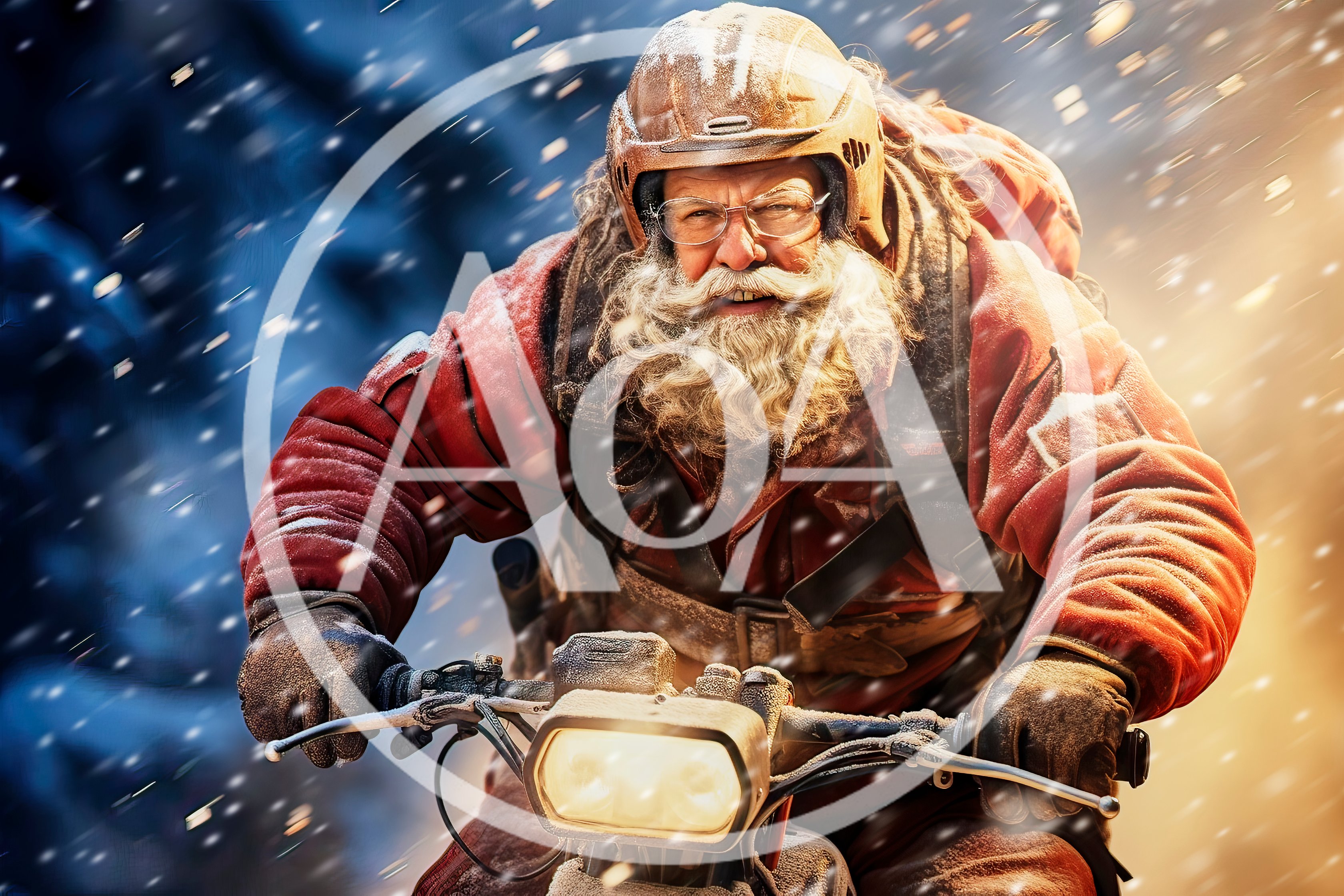Santa Claus Riding A Motorcycle Through A Snowstorm