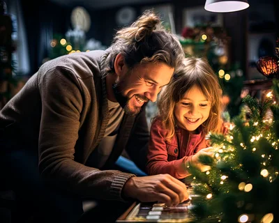 Father and Daughter Decorating Christmas Tree Together