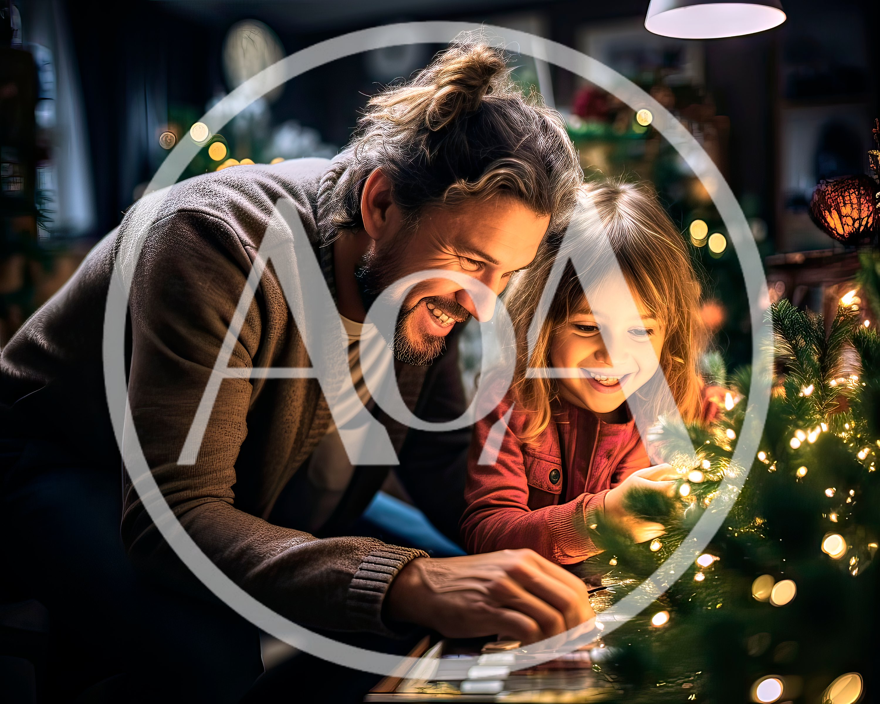 Father and Daughter Decorating Christmas Tree Together