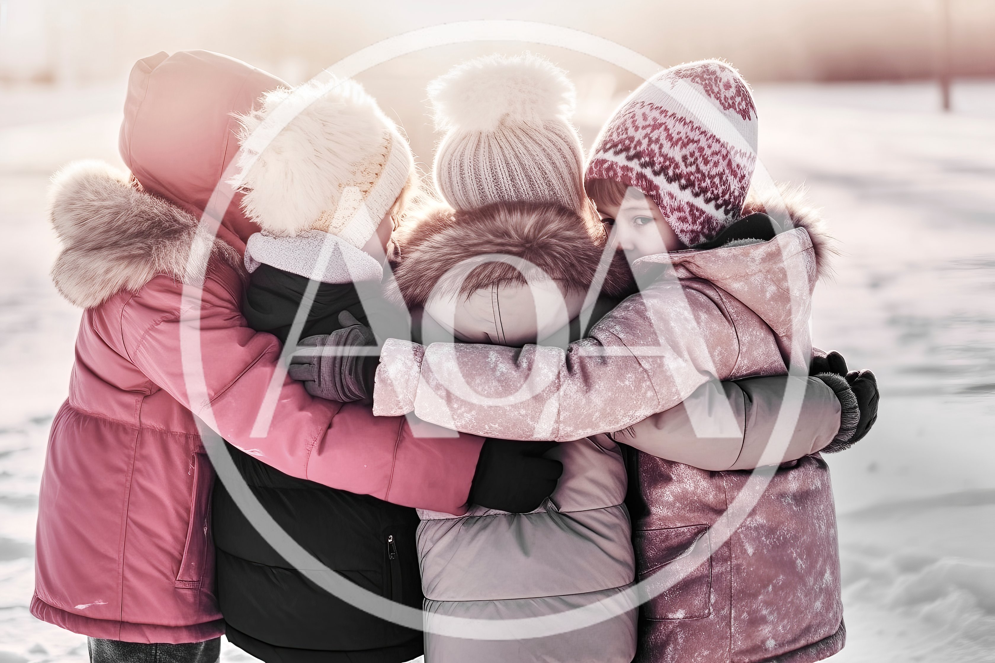 Four Young Children Hugging Together In Snowy Winter