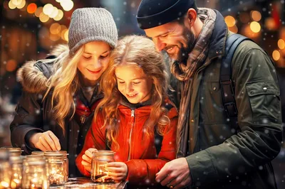 Family Enjoying Magical Light Jars at Christmas Market