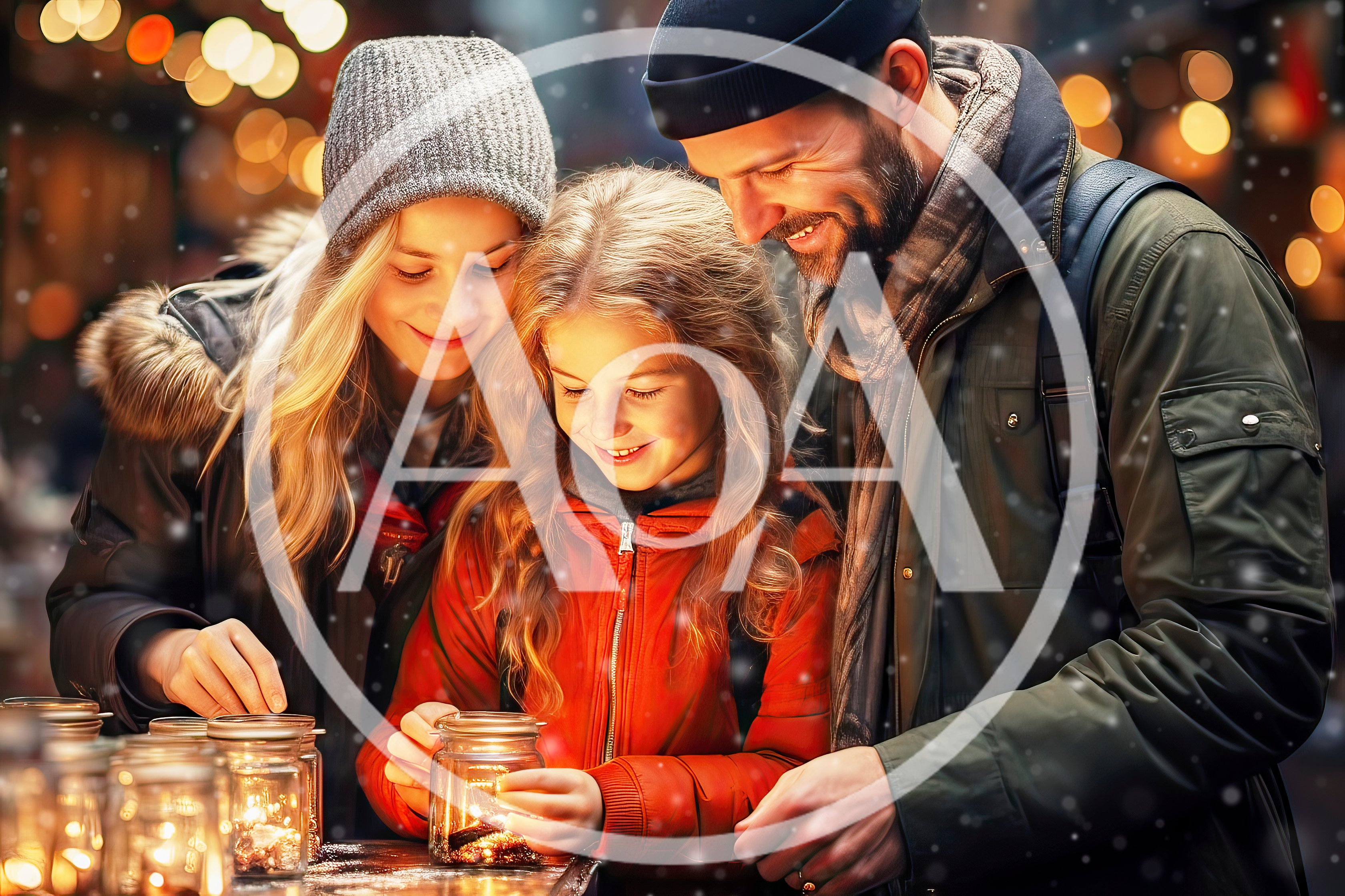 Family Enjoying Magical Light Jars at Christmas Market