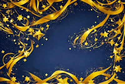 Golden Ribbons and Stars on Dark Blue Background