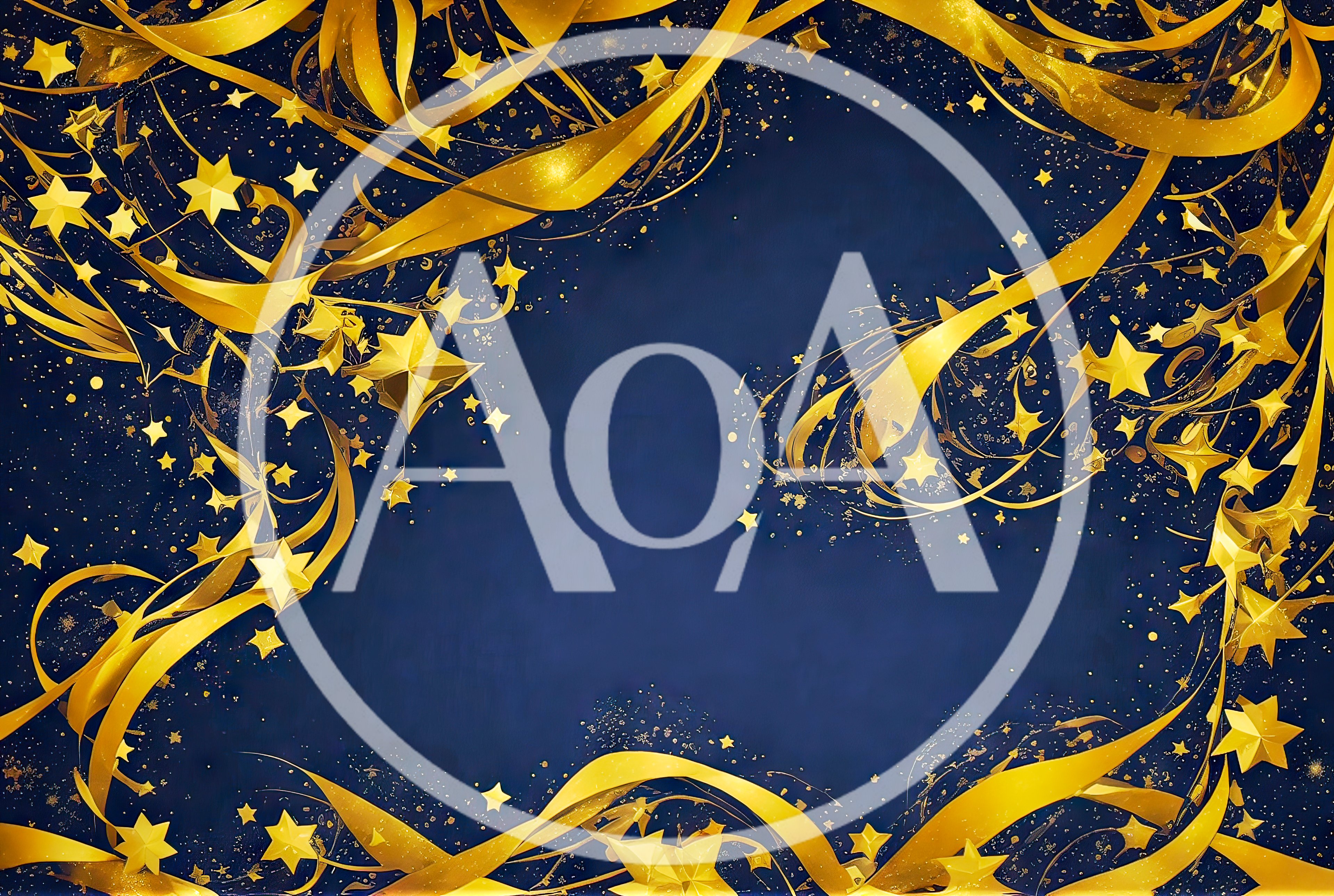 Golden Ribbons and Stars on Dark Blue Background