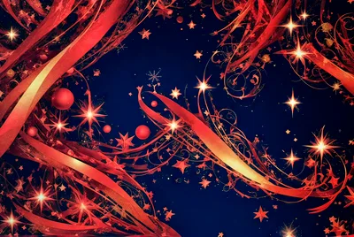 Abstract Christmas Background With Red Ribbons And Stars