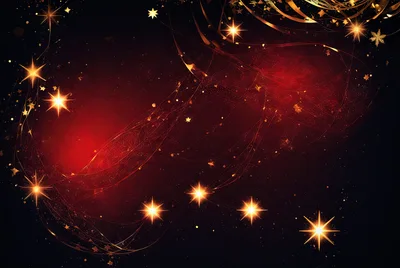 Festive Red Background With Golden Stars And Ribbons