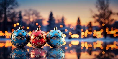 Three Christmas Ornaments Reflecting On A Surface