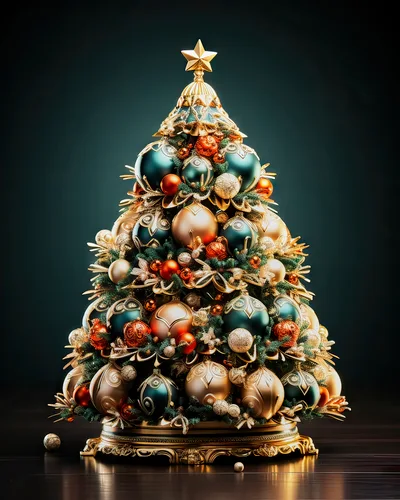 Ornate Christmas Tree With Gold And Teal Ornaments
