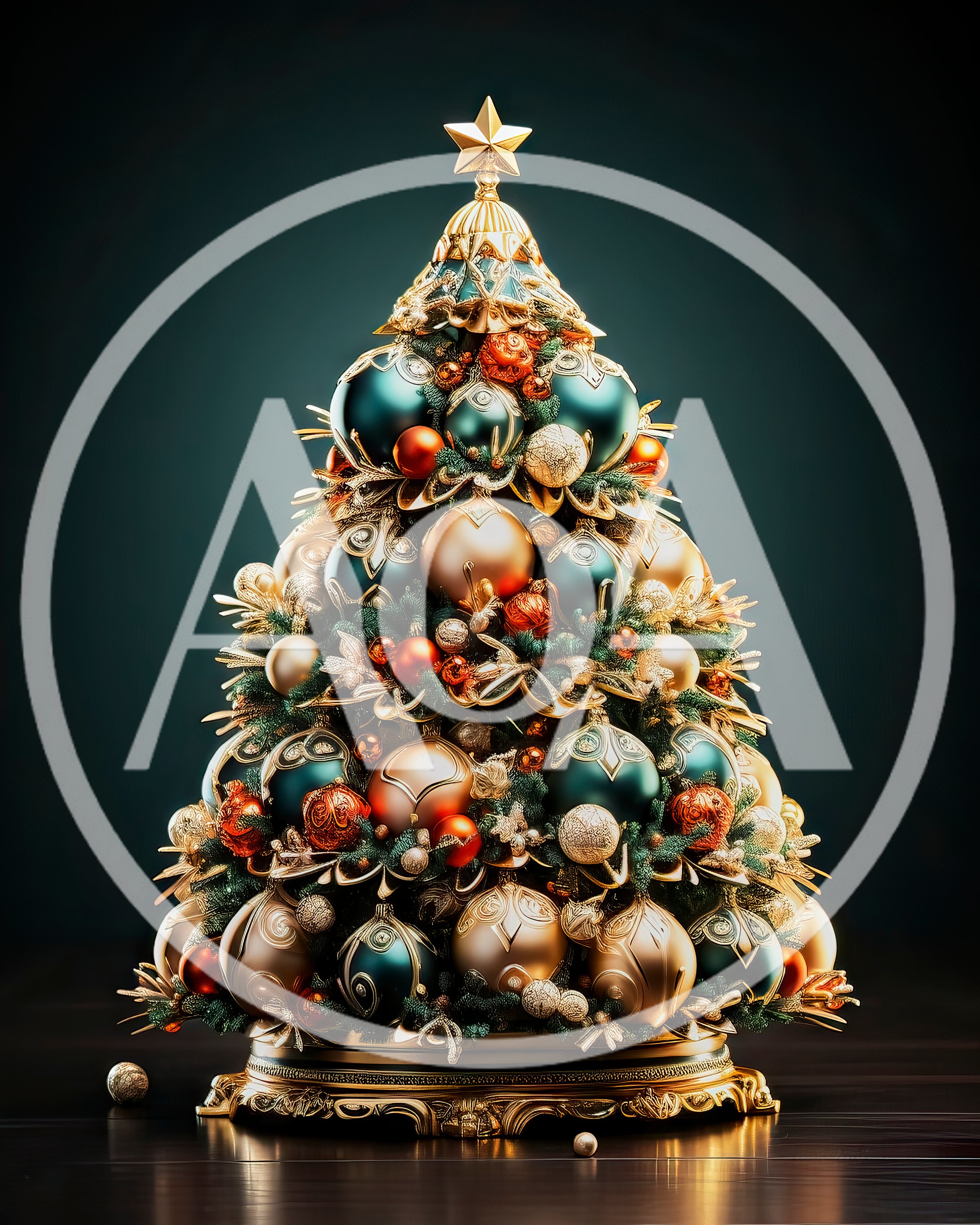 Ornate Christmas Tree With Gold And Teal Ornaments