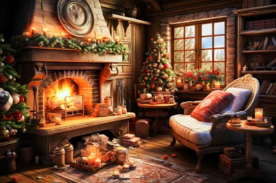 Cozy Christmas Living Room With Fireplace And Decorations