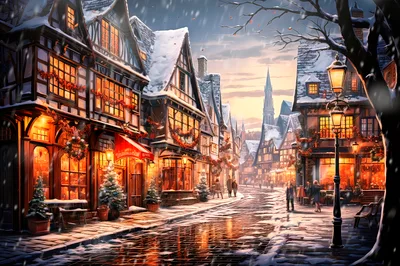 Snowy European Village Street During Christmas Season