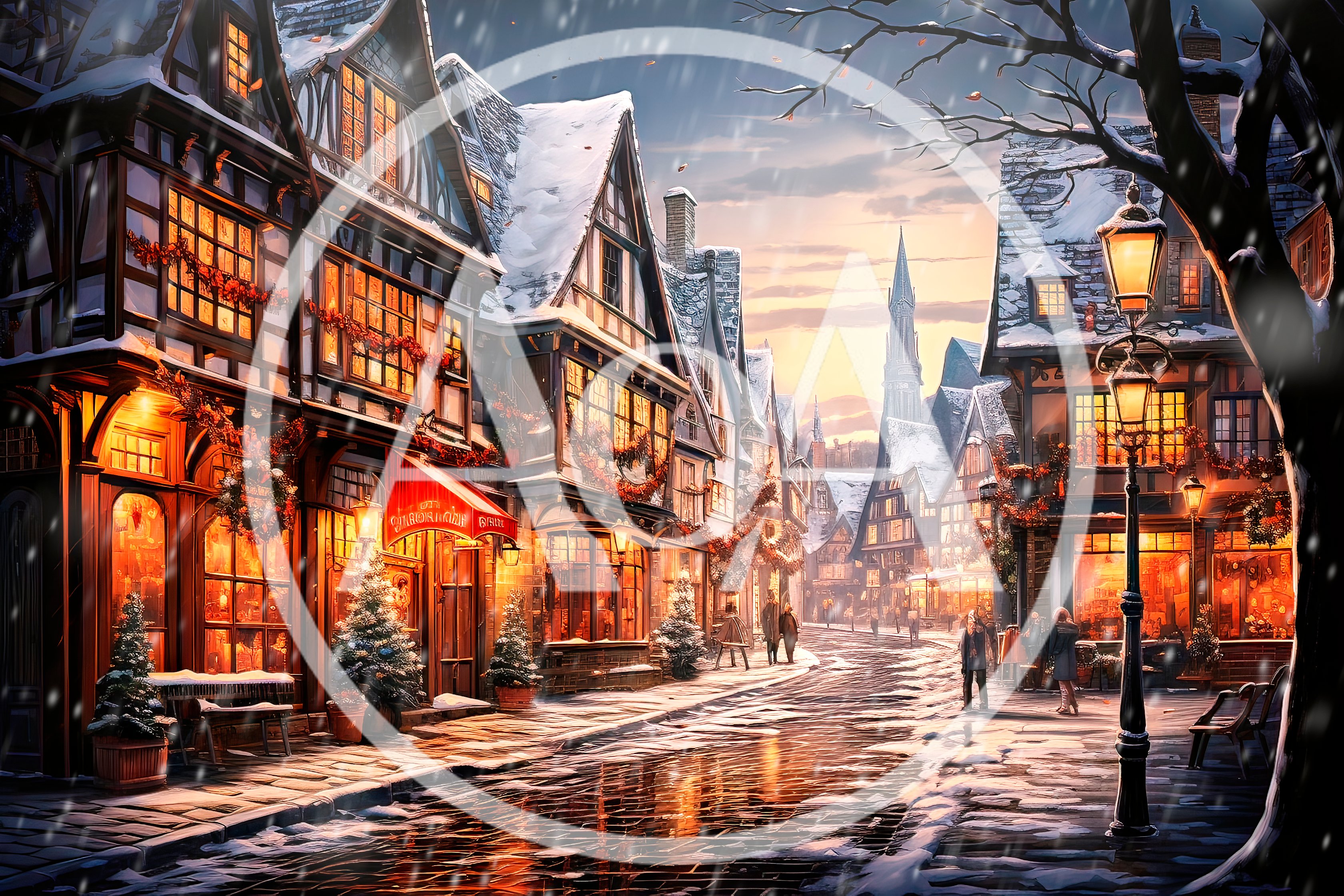 Snowy European Village Street During Christmas Season