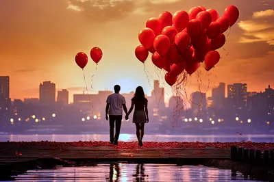 Couple Holding Hands With Red Balloons At Sunset