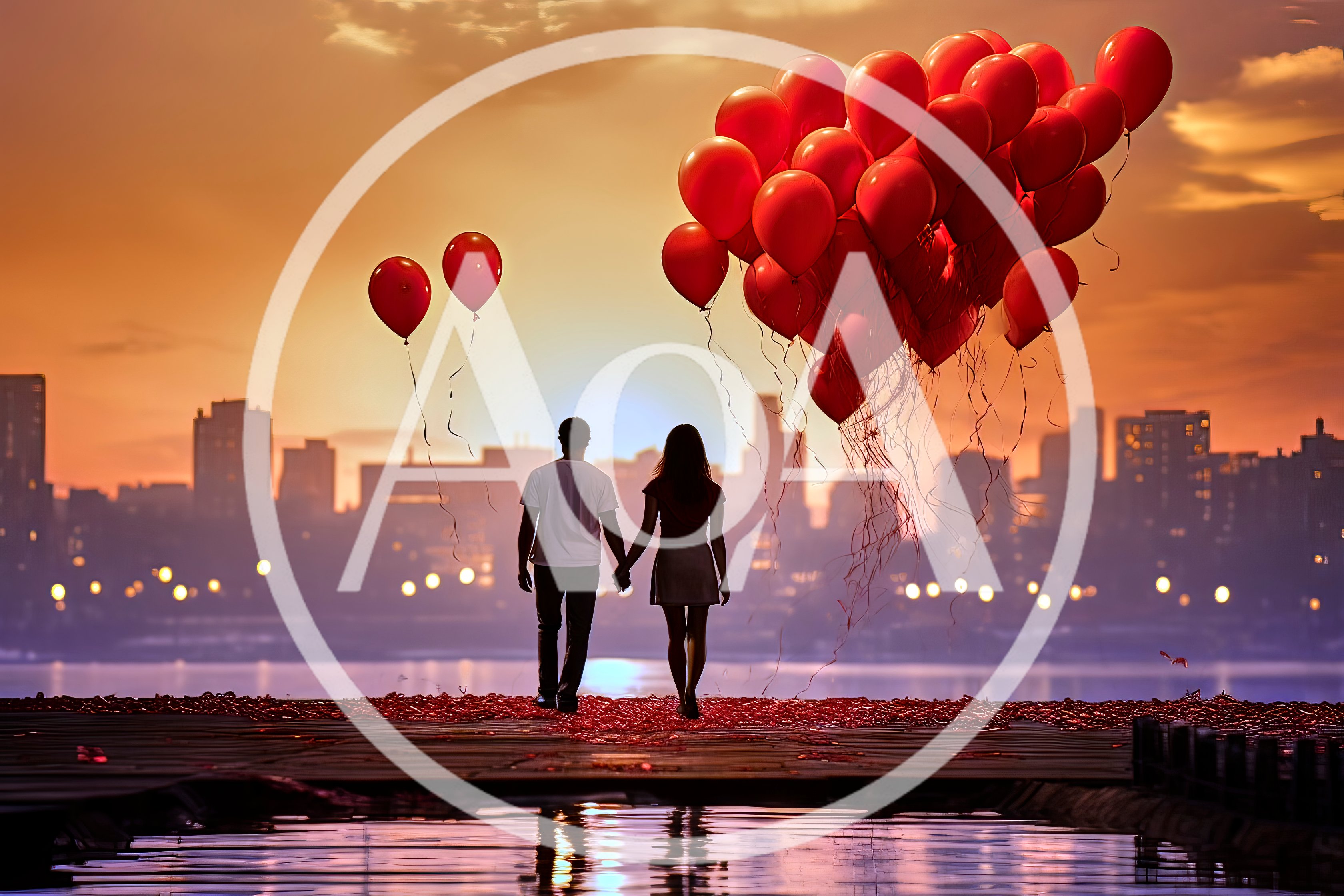 Couple Holding Hands With Red Balloons At Sunset