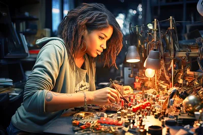 Young Woman Working On Electronic Circuit Board