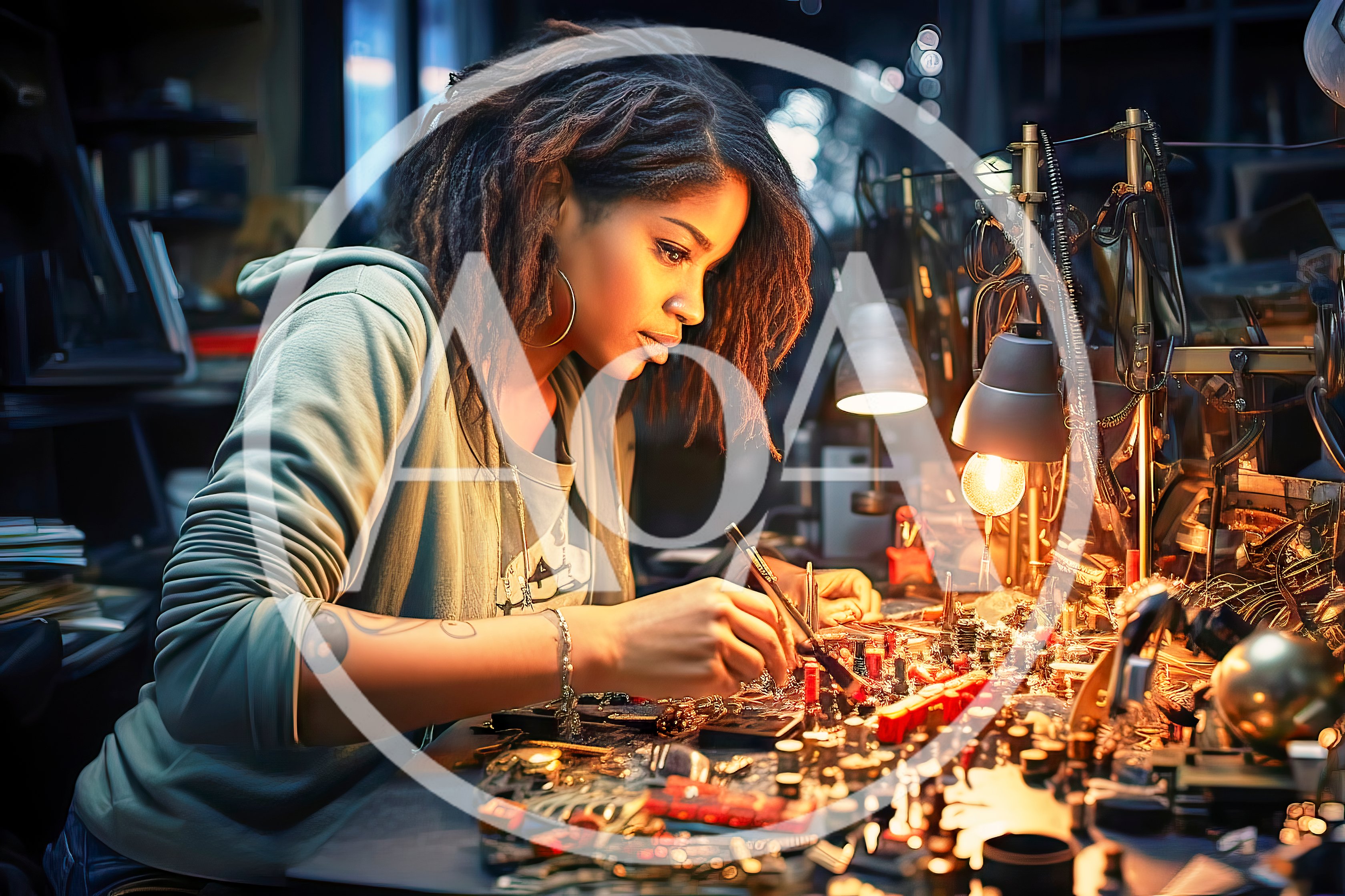 Young Woman Working On Electronic Circuit Board