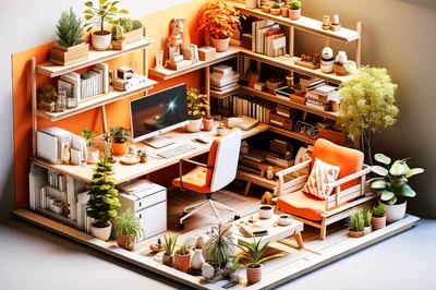 Isometric View Of A Modern Home Office Workspace
