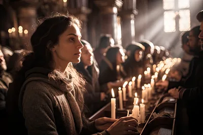 Woman Lighting Candles In A Dimly Lit Church