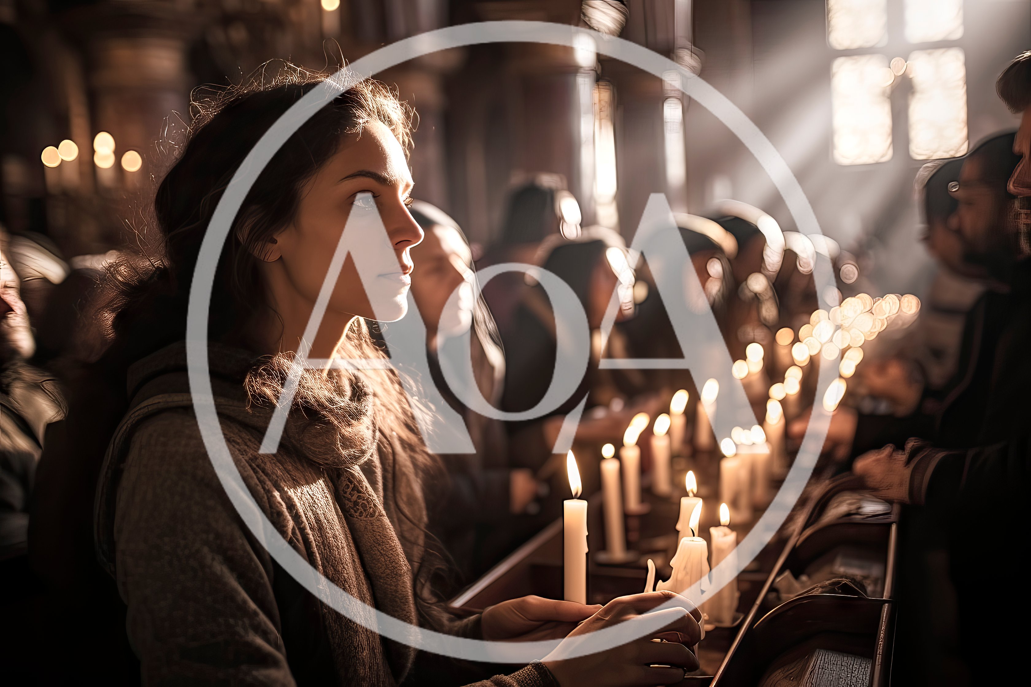 Woman Lighting Candles In A Dimly Lit Church