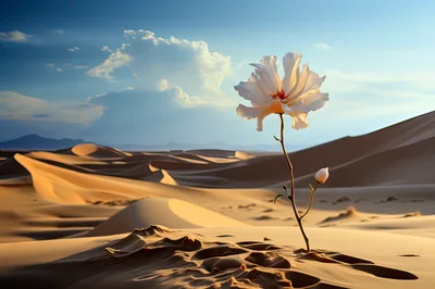 Single White Flower Blooming In Vast Desert Landscape