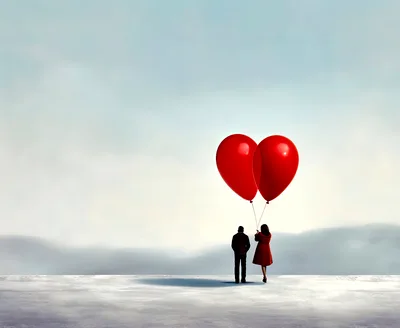 Couple Standing With Heart Shaped Balloons In A Misty Landscape