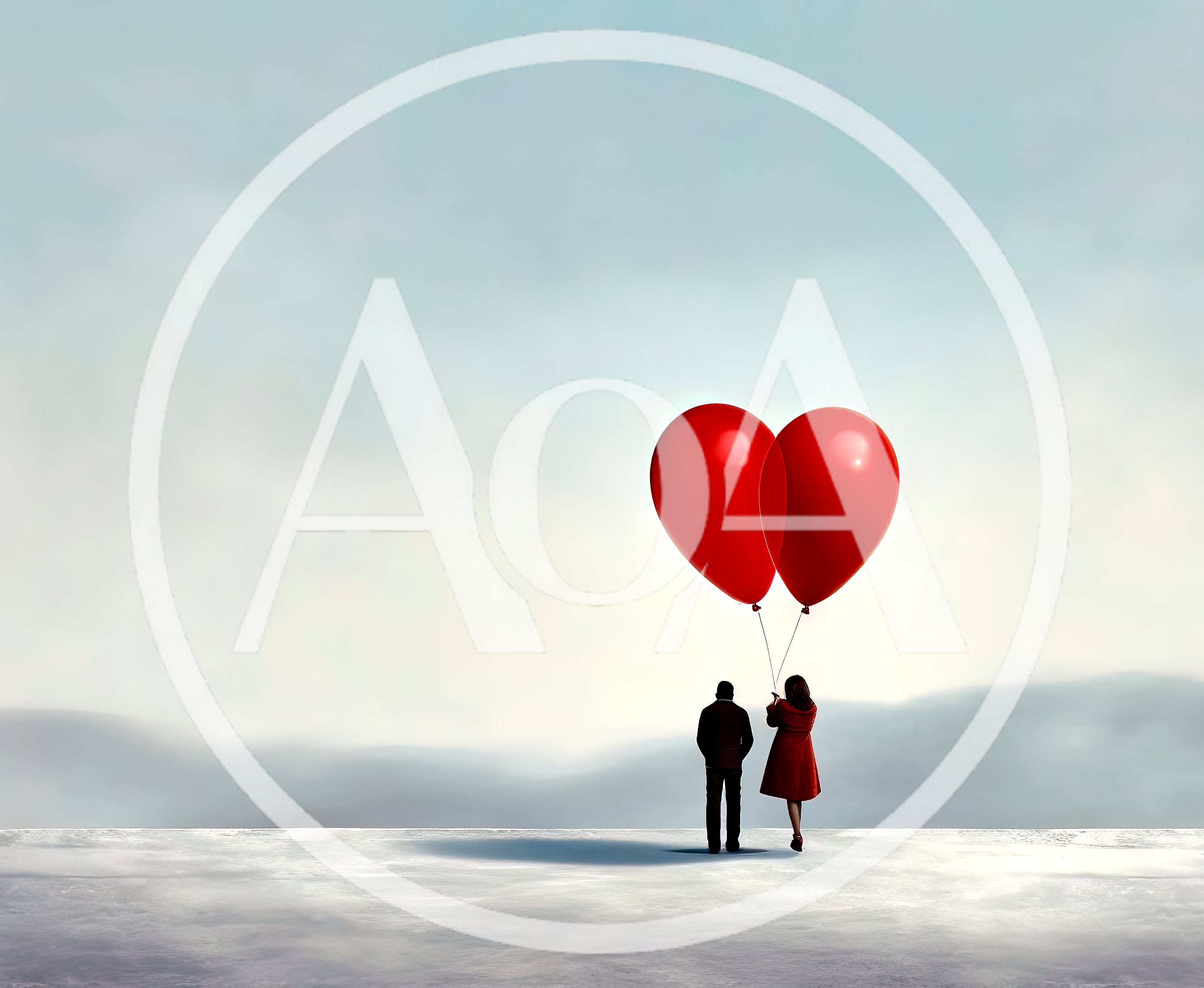 Couple Standing With Heart Shaped Balloons In A Misty Landscape