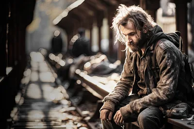 Homeless Man Sitting Alone In A Dimly Lit Station