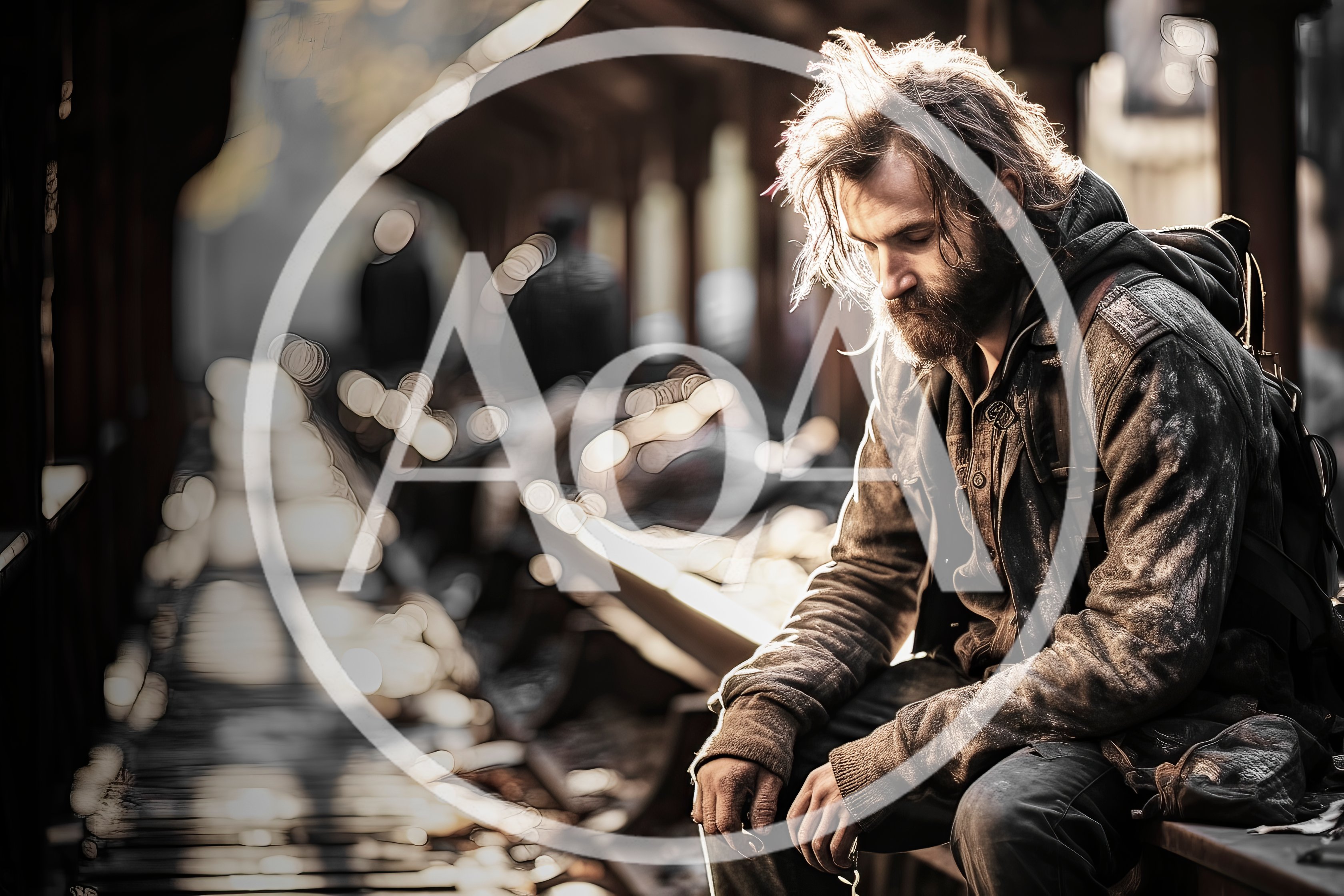 Homeless Man Sitting Alone In A Dimly Lit Station