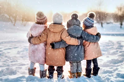 Four Children Standing Together In Snowy Winter Landscape