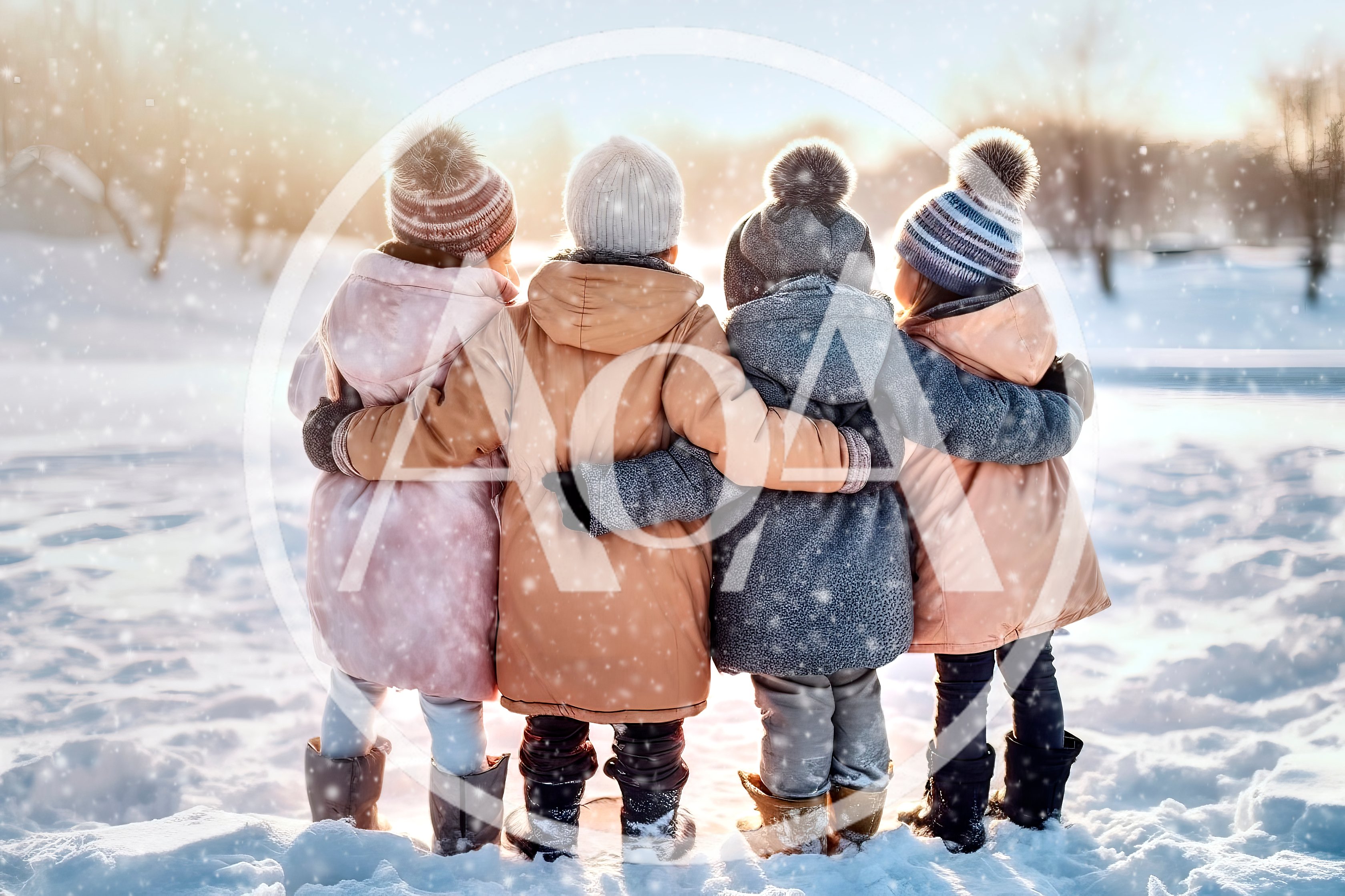 Four Children Standing Together In Snowy Winter Landscape