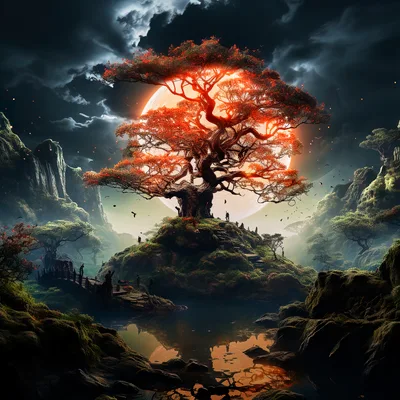 Fantasy Landscape With Glowing Red Tree And Full Moon