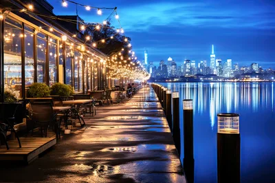 Waterfront Restaurant Terrace With New York City Skyline View