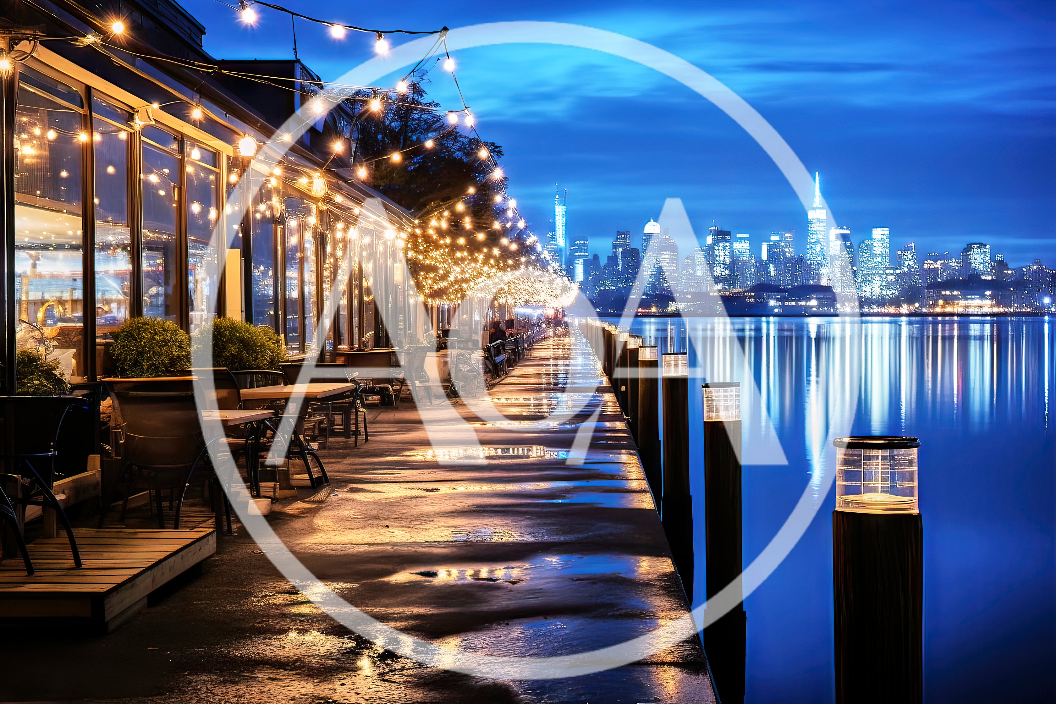 Waterfront Restaurant Terrace With New York City Skyline View