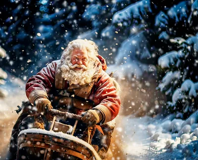 Santa Claus Riding A Wooden Sleigh Through Snowy Forest