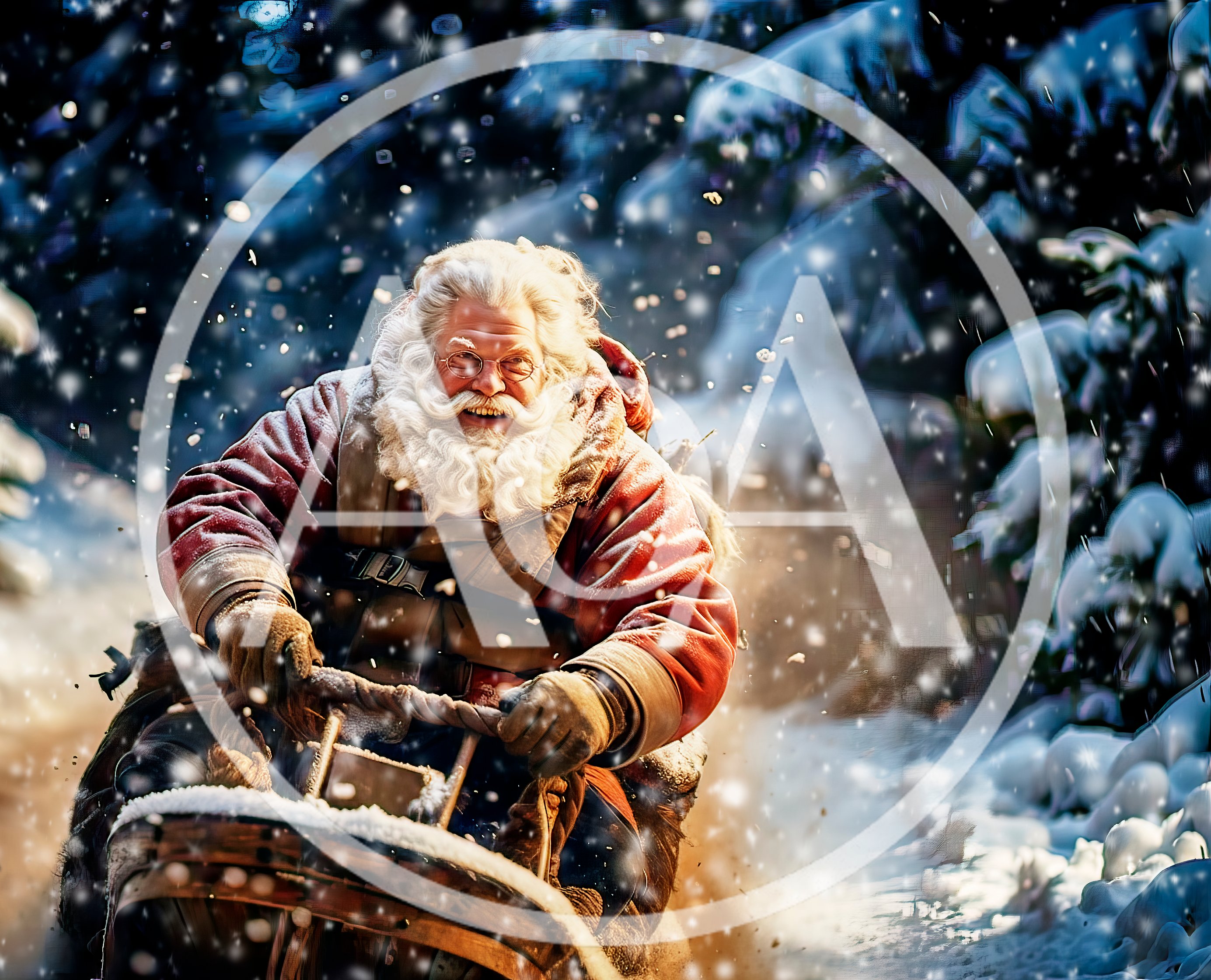 Santa Claus Riding A Wooden Sleigh Through Snowy Forest
