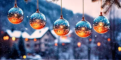 Five Hanging Christmas Ornaments Against Snowy Winter Landscape