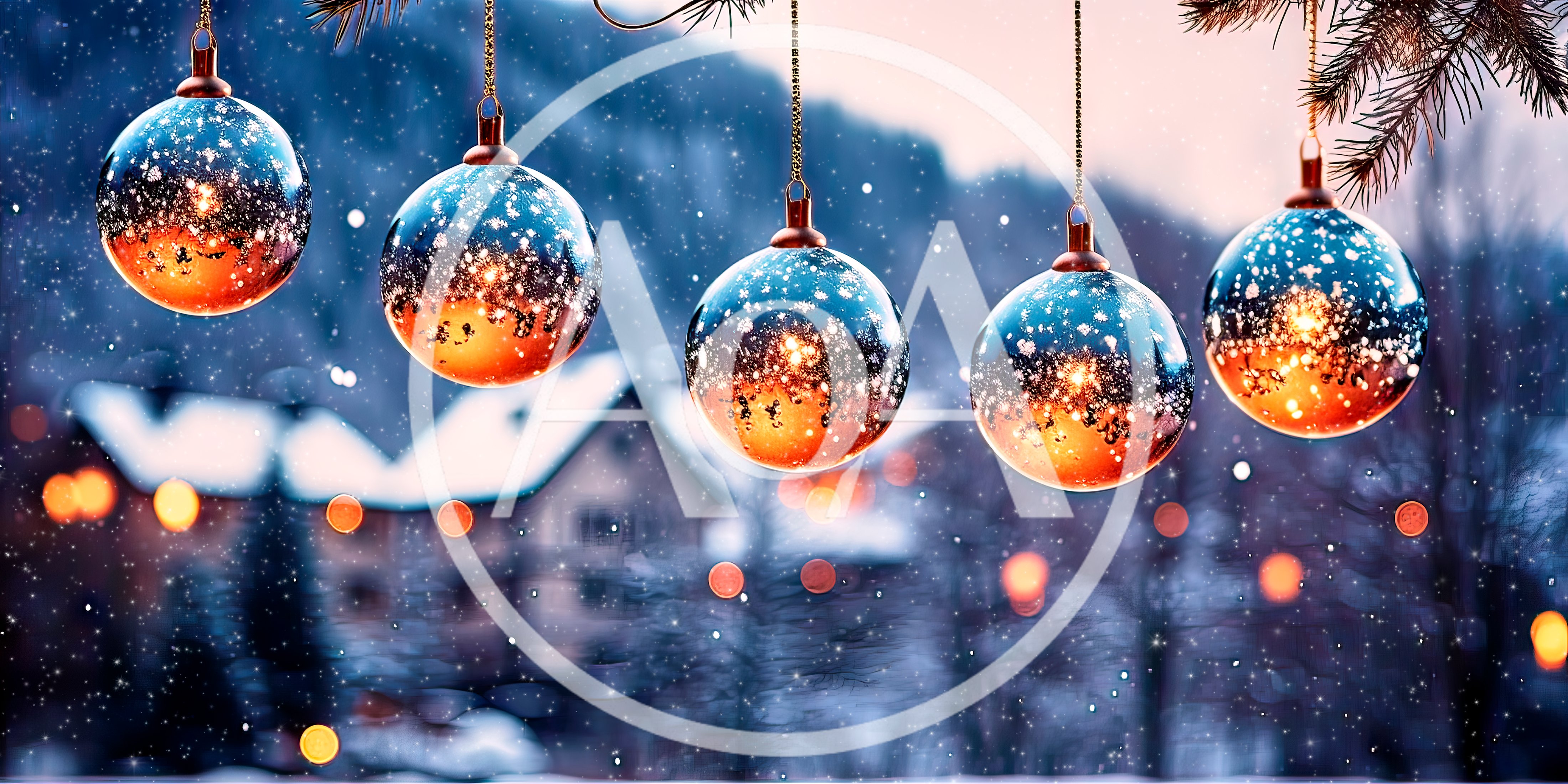Five Hanging Christmas Ornaments Against Snowy Winter Landscape