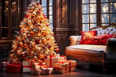 Elegant Christmas Tree With Gifts In Luxury Living Room