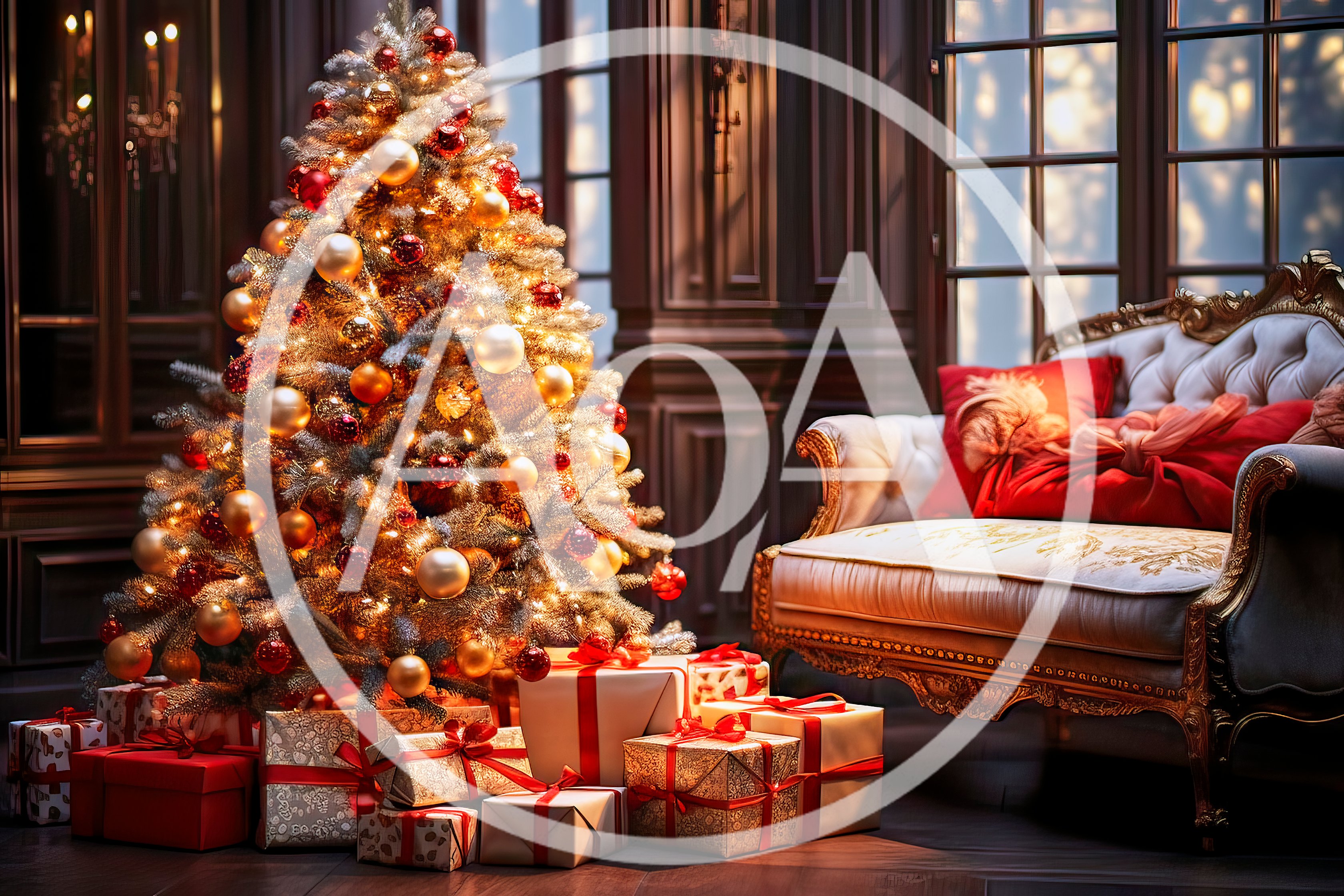 Elegant Christmas Tree With Gifts In Luxury Living Room
