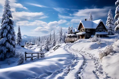 Snow Covered Log Cabin In Winter Mountain Landscape