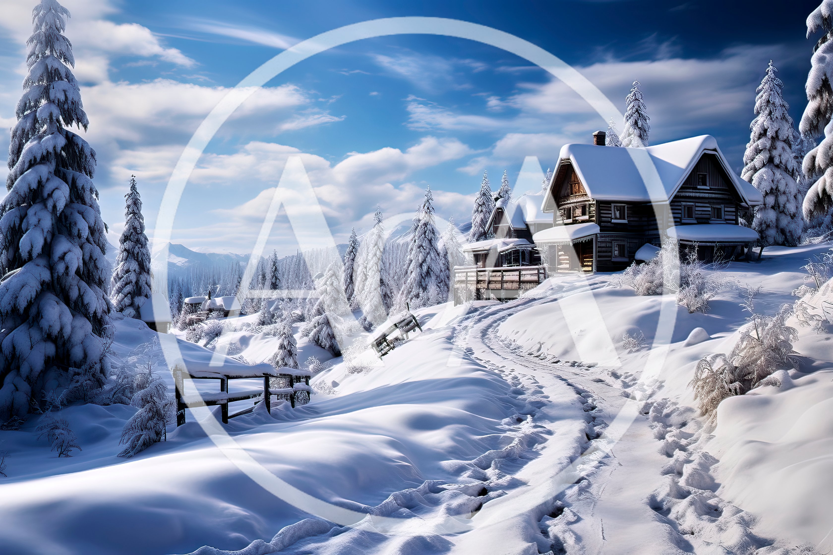 Snow Covered Log Cabin In Winter Mountain Landscape