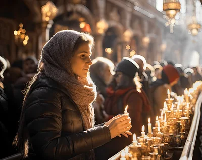 Woman Lighting Candles In A Traditional Orthodox Church