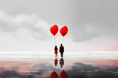 Couple Standing With Red Balloons On Reflective Water