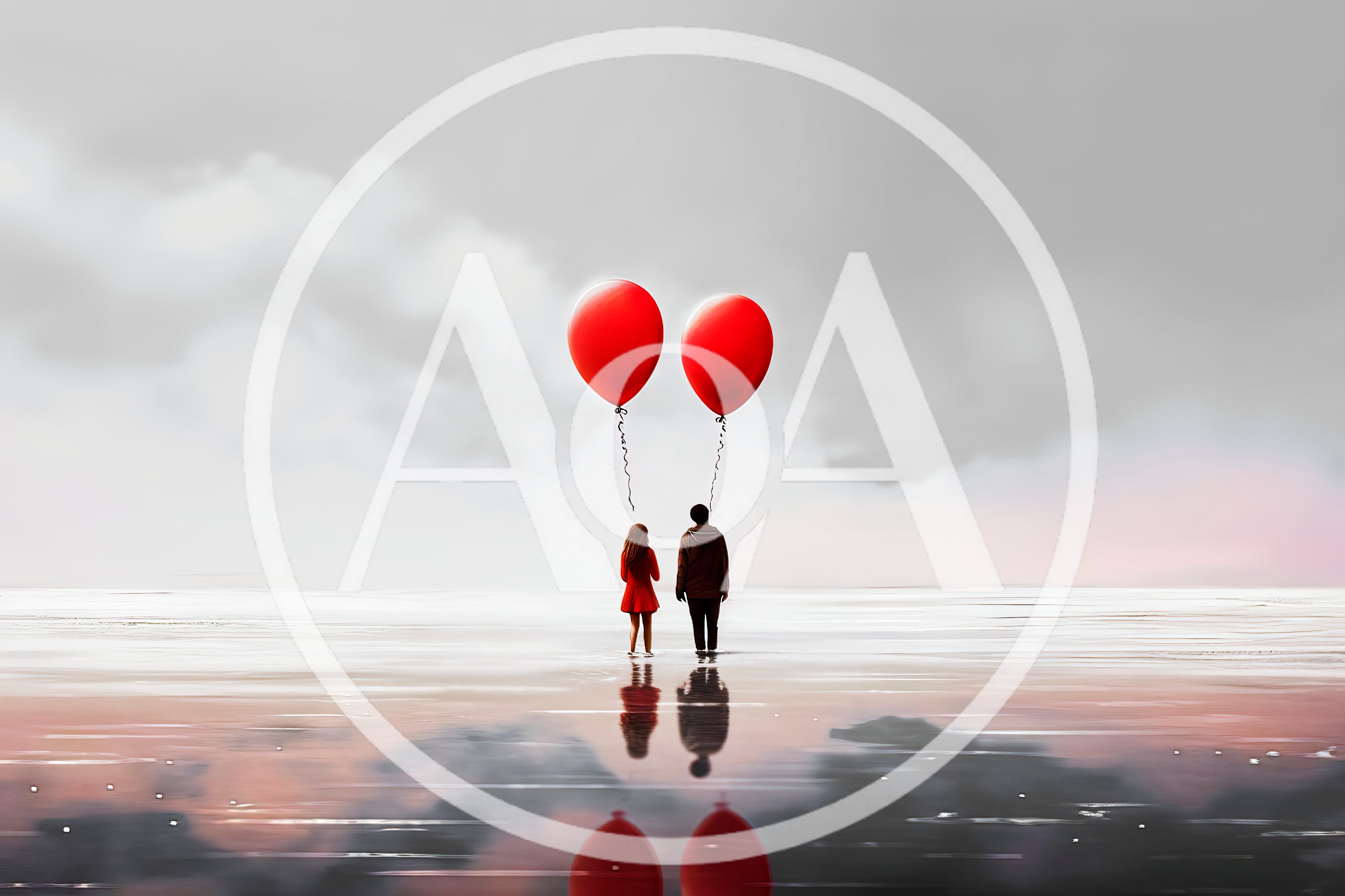 Couple Standing With Red Balloons On Reflective Water