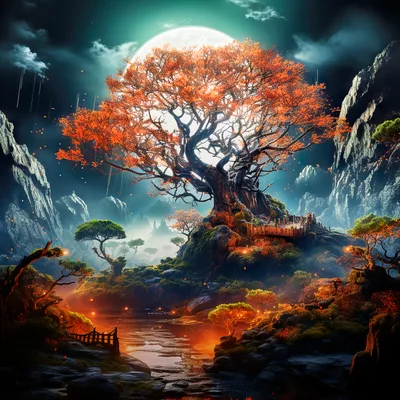 Fantasy Landscape With Glowing Autumn Tree Under Full Moon