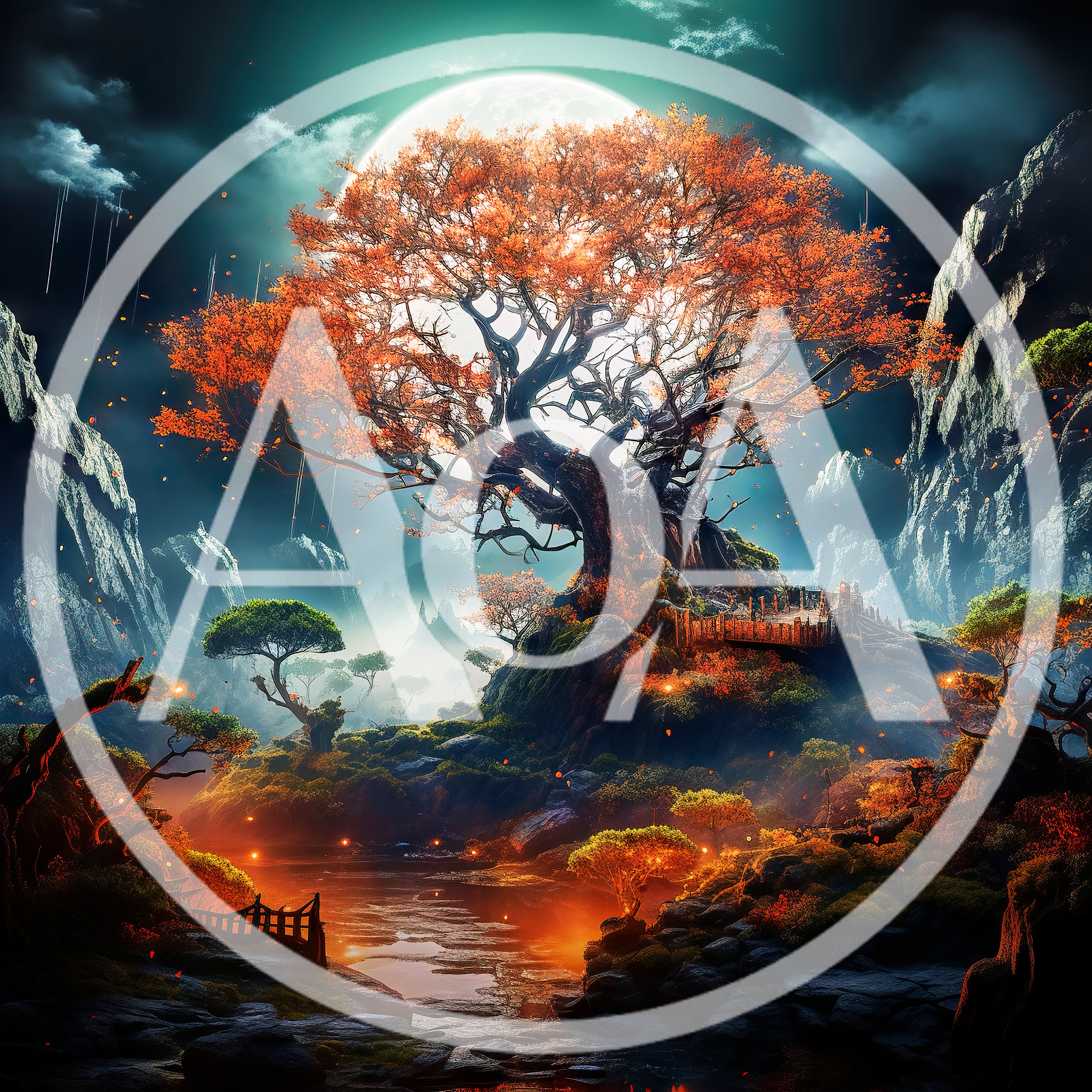 Fantasy Landscape With Glowing Autumn Tree Under Full Moon